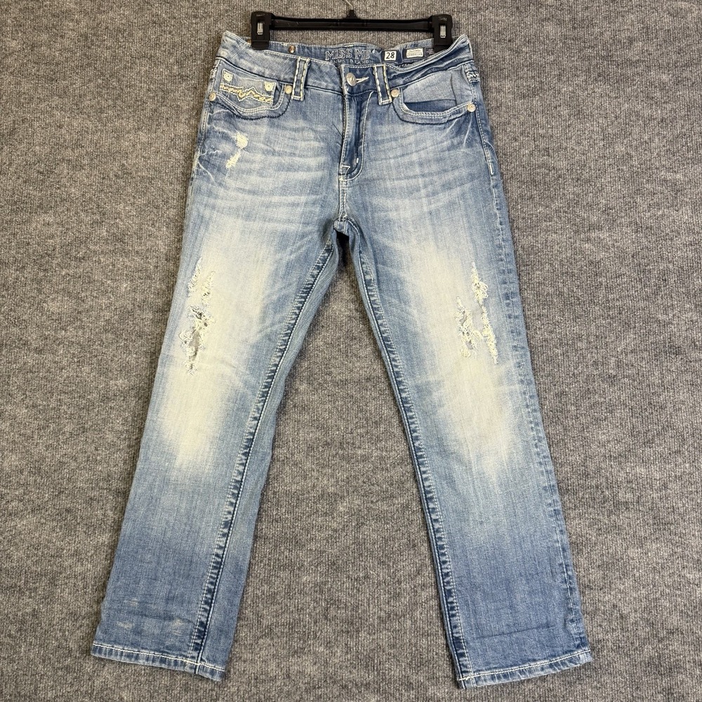 Miss Me Jeans Women 28 Blue Boyfriend Capri Distressed Stretch Mid Rise (29x26)